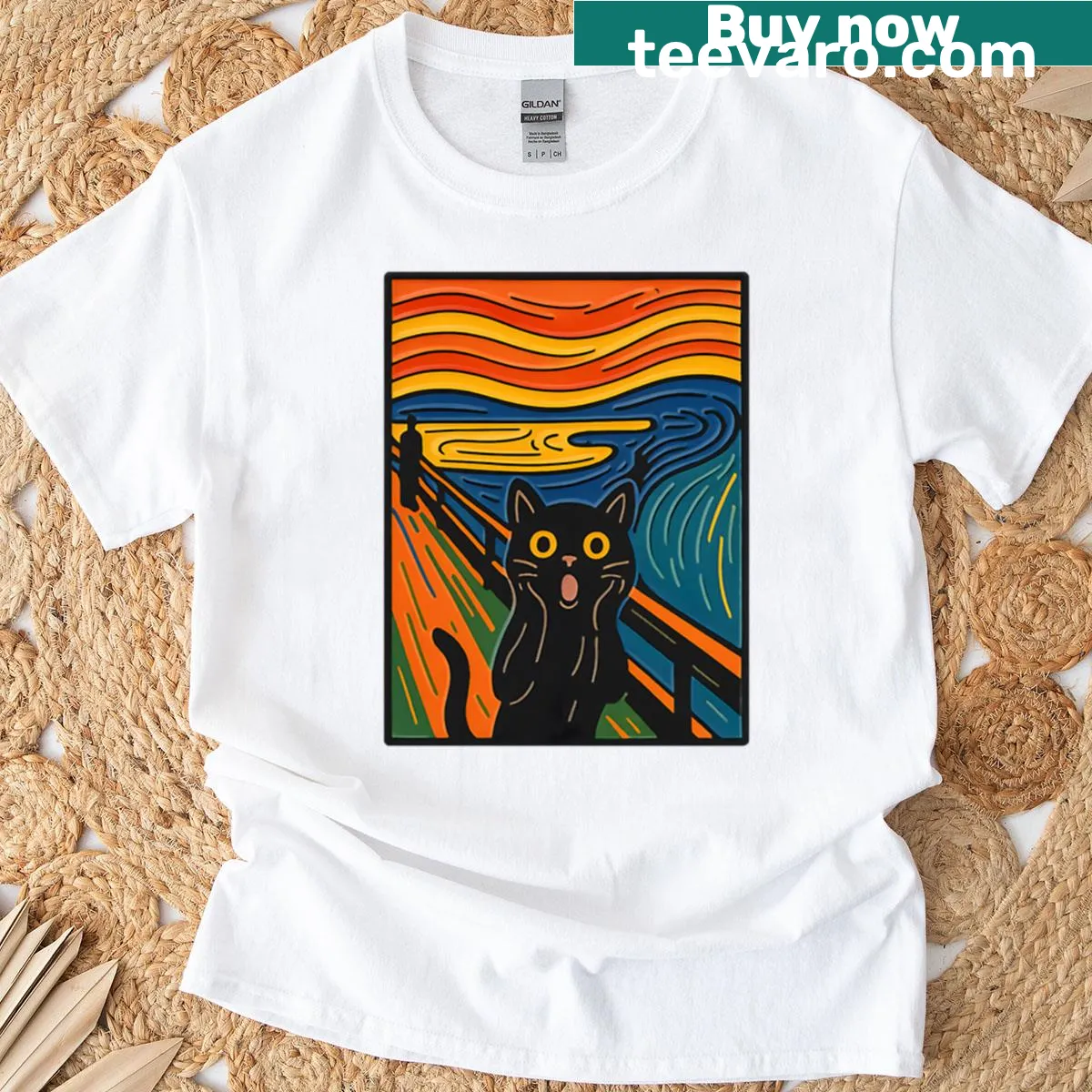 T-shirt featuring a humorous illustration of a screaming cat — on a men's t-shirt