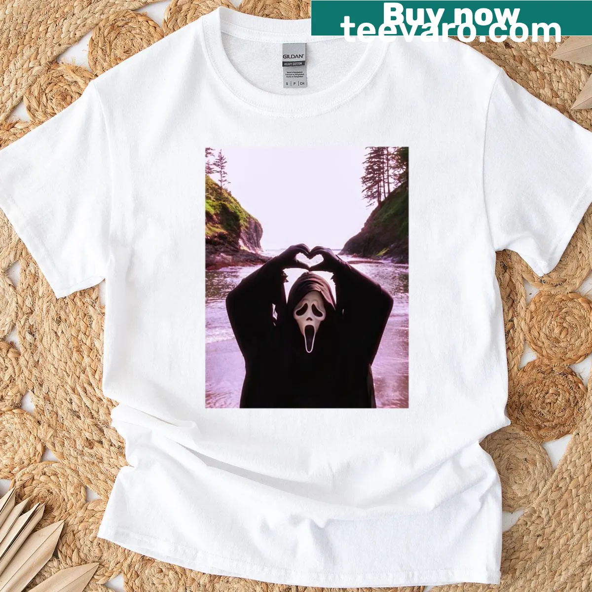 Ghostface design with heart hands on a vintage tee — on a men's t-shirt