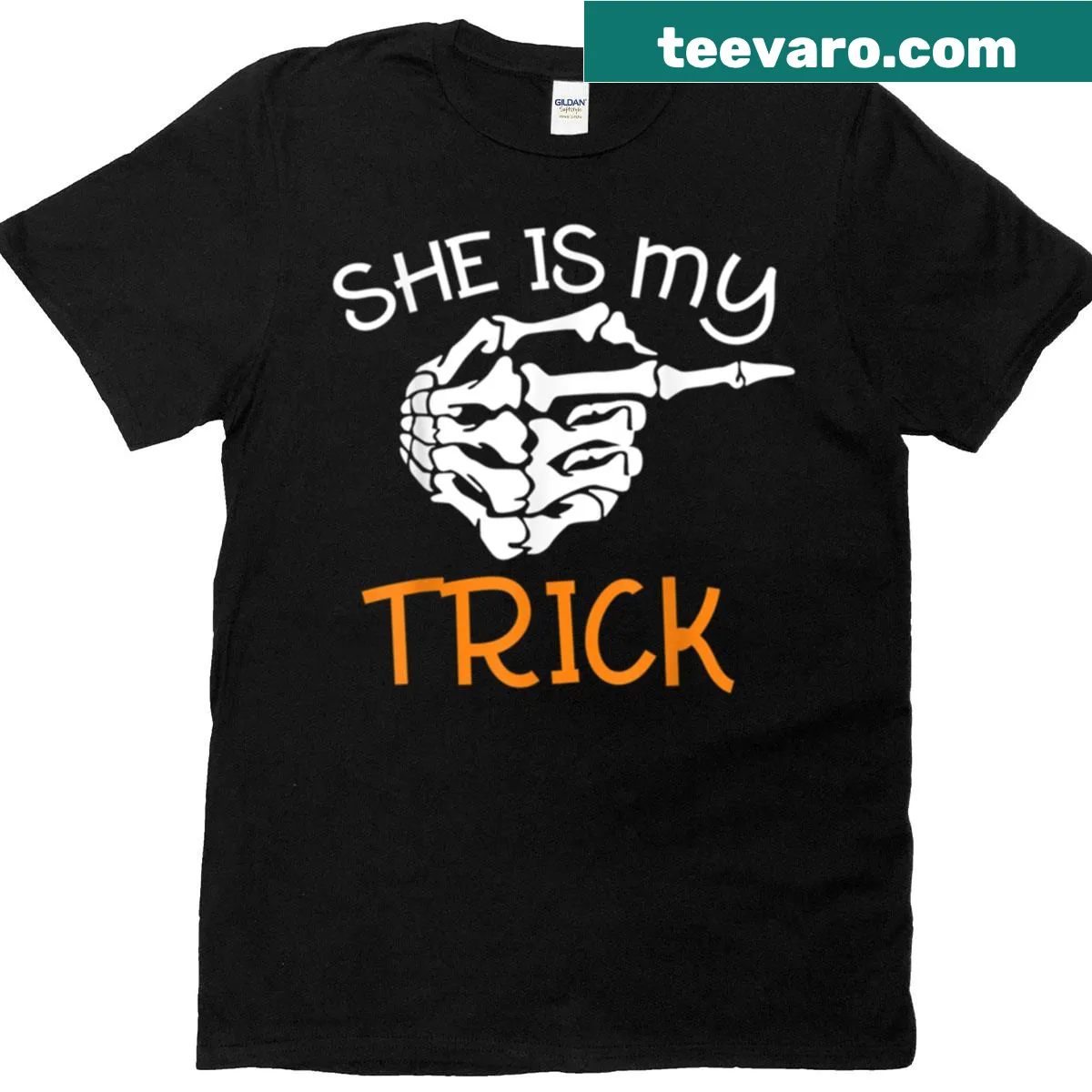 Skeleton finger graphic for Halloween t-shirt — on a men's t-shirt