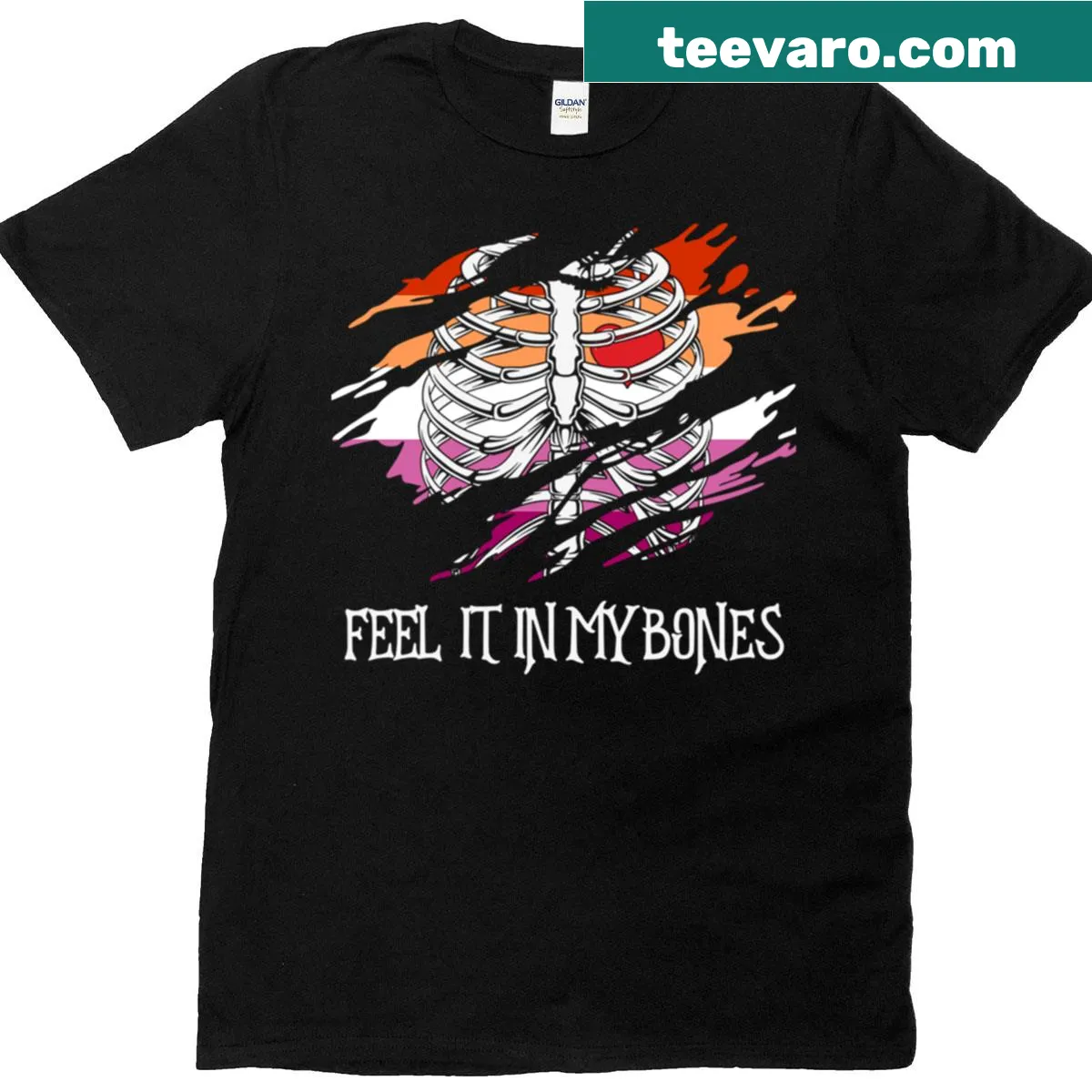 Skeleton design on lesbian flag colors background — on a men's t-shirt