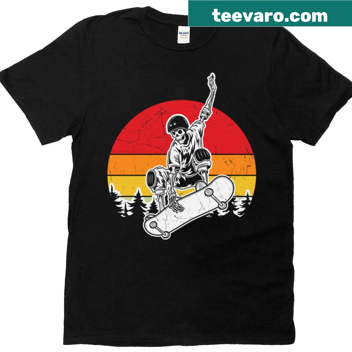 Skeleton skateboarder graphic for Halloween-themed t-shirt — on a men's t-shirt