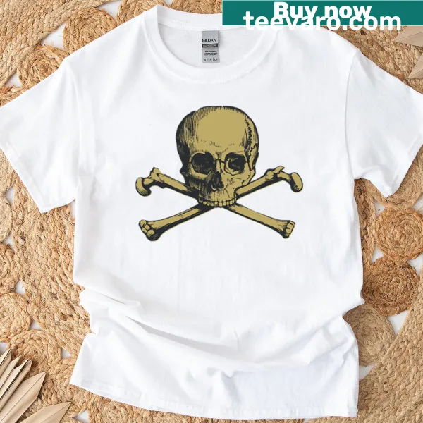 Classic skull and crossbones graphic on a casual t-shirt.