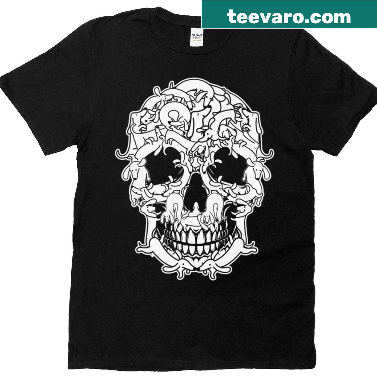 Funny dachshund in a skull design for Halloween — on a men's t-shirt