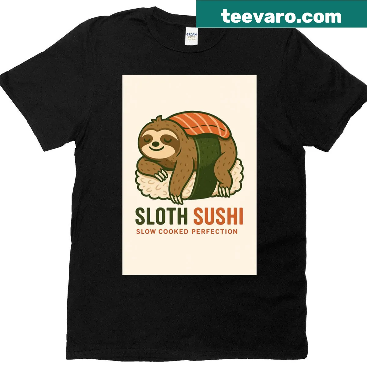 Cartoon sloth on sushi graphic t-shirt — on a men's t-shirt