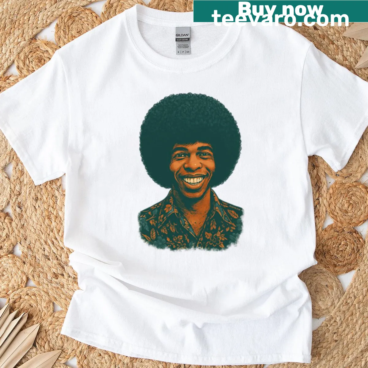 T-shirt featuring an illustration of Sly Stone — on a men's t-shirt