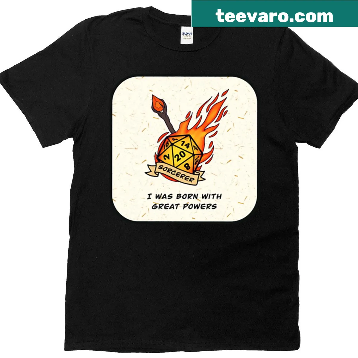 D20 die graphic with magical symbols for gamer t-shirt — on a men's t-shirt