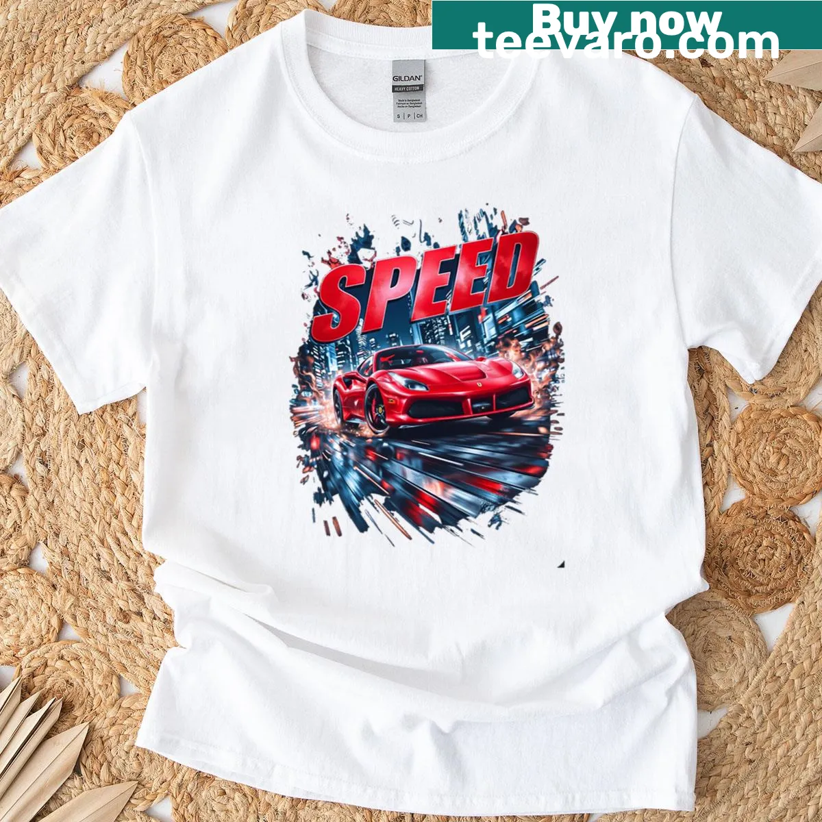 Racing-themed T-shirt with an illustration of a vehicle speeding through the night — on a men's t-shirt