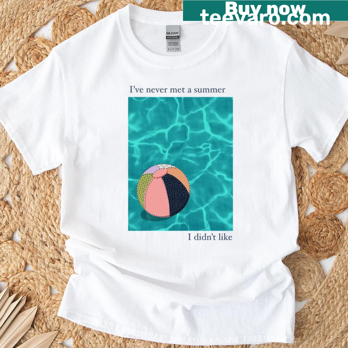 Playful poolside scene illustrated on a t-shirt — on a men's t-shirt