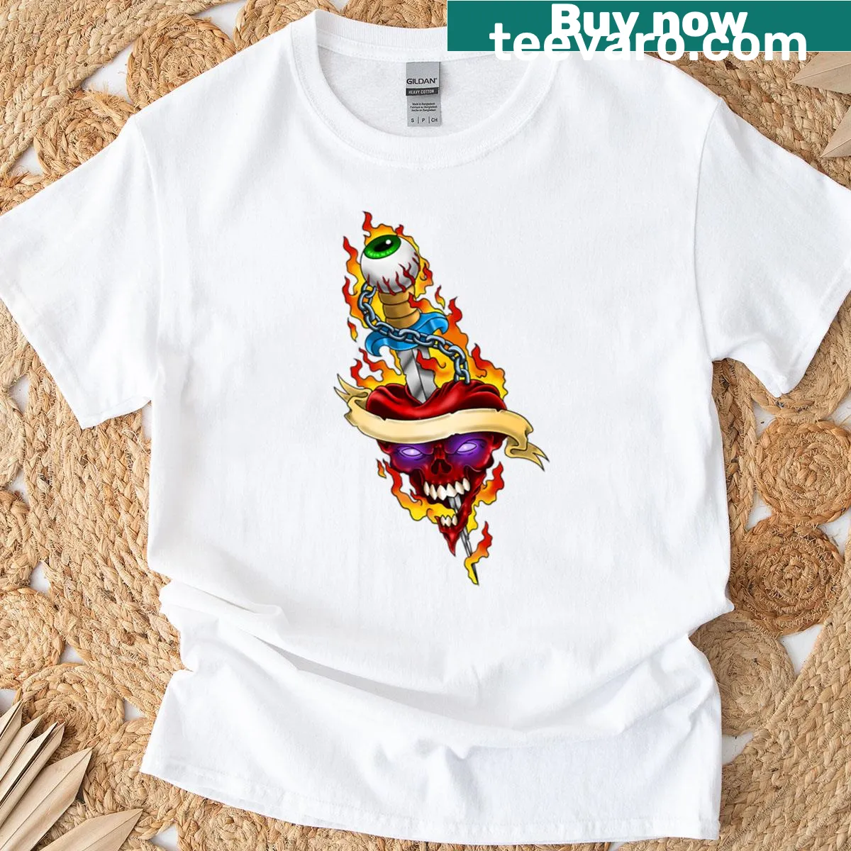 Edgy T-shirt featuring the phrase 'Stabbed In The Heart.' — on a men's t-shirt