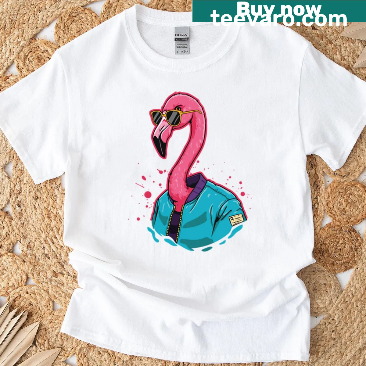 Graffiti-style flamingo illustration on a streetwear t-shirt — on a men's t-shirt