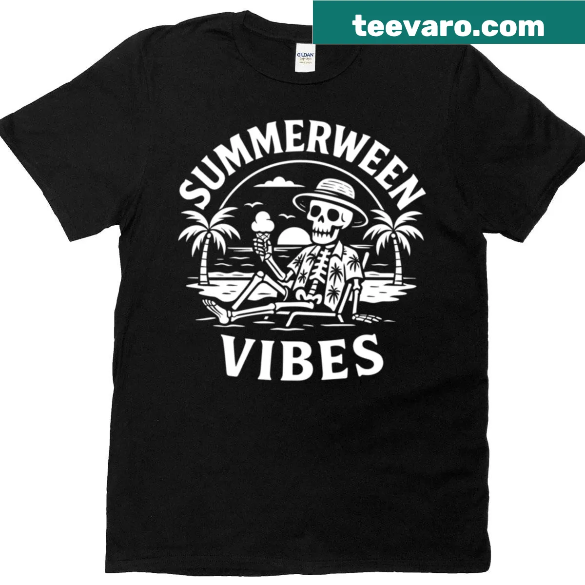 Skeleton beach sunset graphic T-shirt — on a men's t-shirt