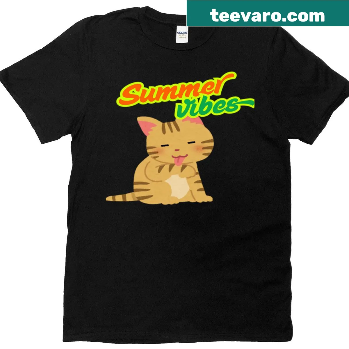 Cute cat graphic T-shirt celebrating summer vibes — on a men's t-shirt