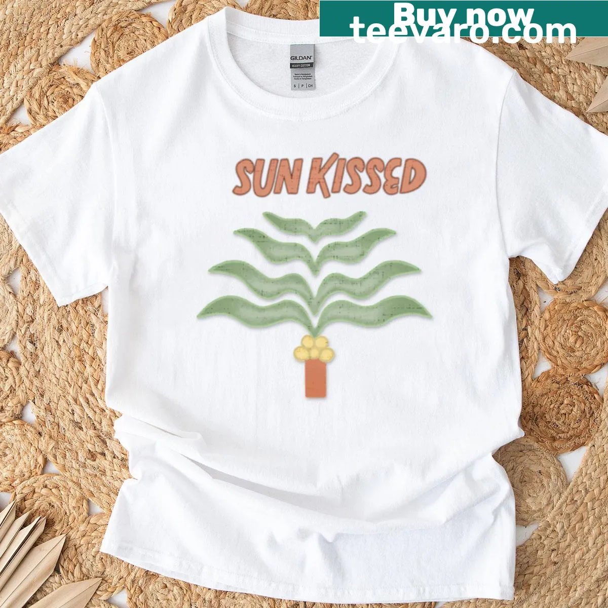 Tropical-themed T-shirt featuring wavy leaves and plants. — on a men's t-shirt