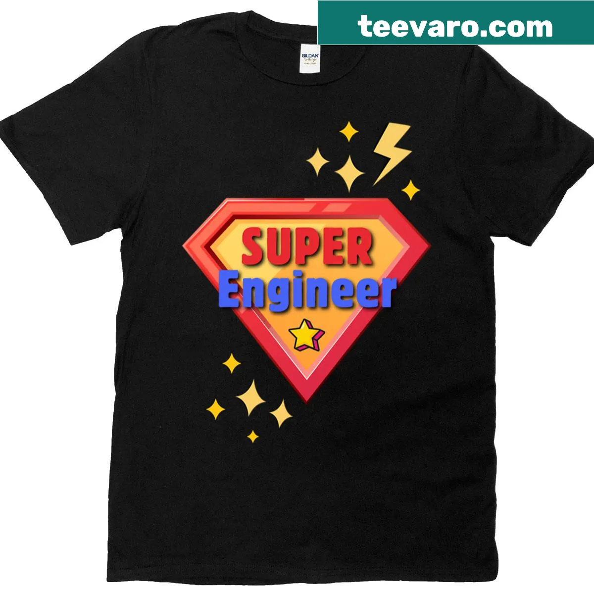 Cartoon hero engineer t-shirt with tools and blueprints logo design — on a men's t-shirt