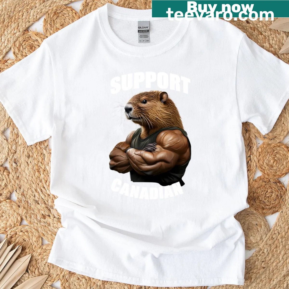 Emblematic T-shirt featuring a proud Canadian beaver — on a men's t-shirt