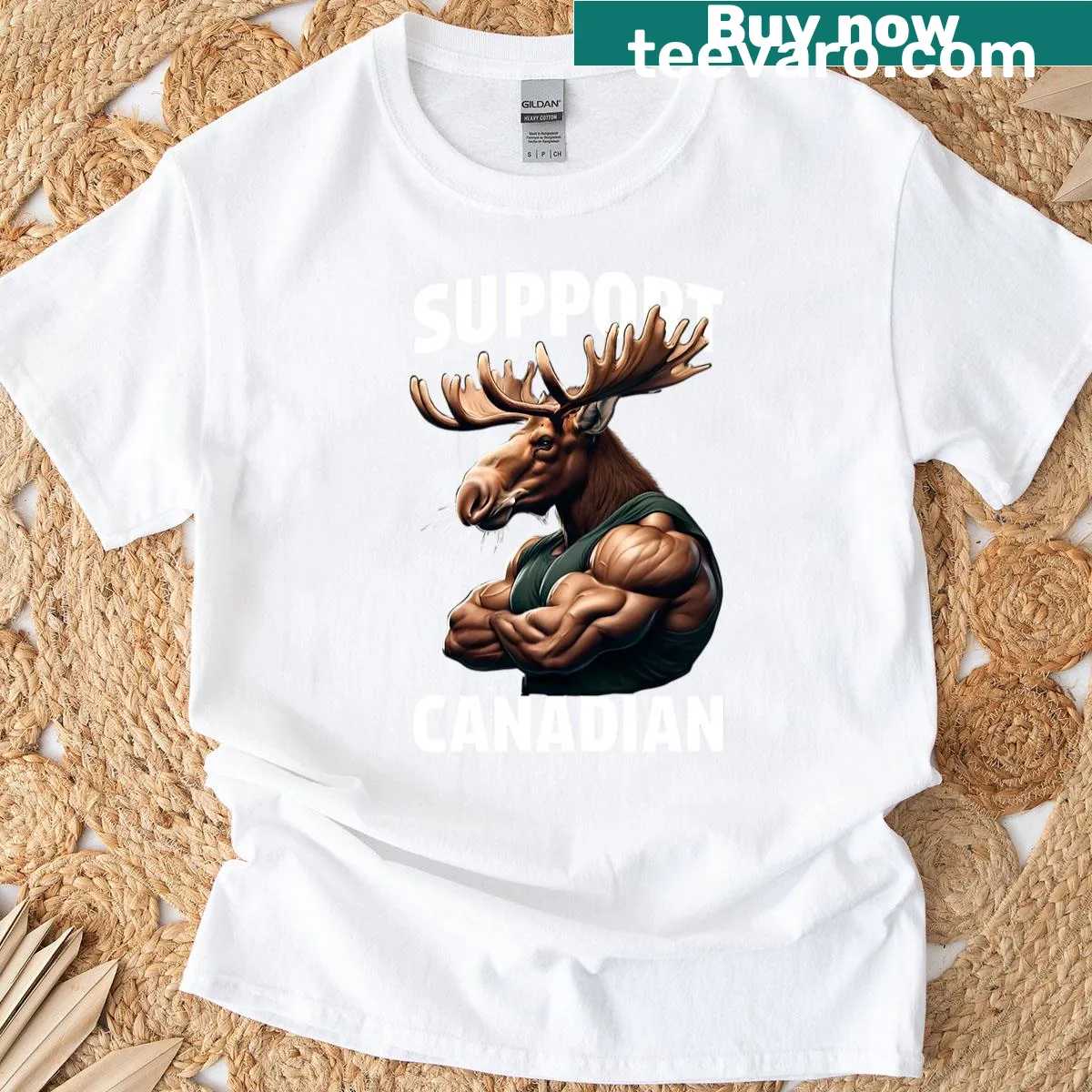 Badge-style T-shirt depicting a proud Canadian moose — on a men's t-shirt