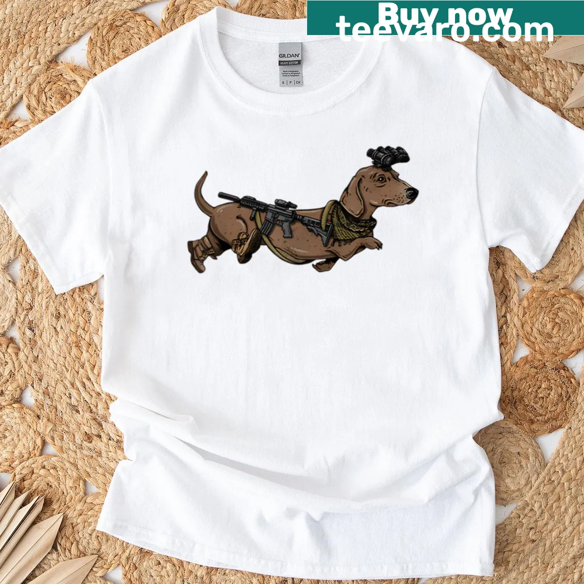 Cartoon weiner dog in tactical gear on T-shirt — on a men's t-shirt