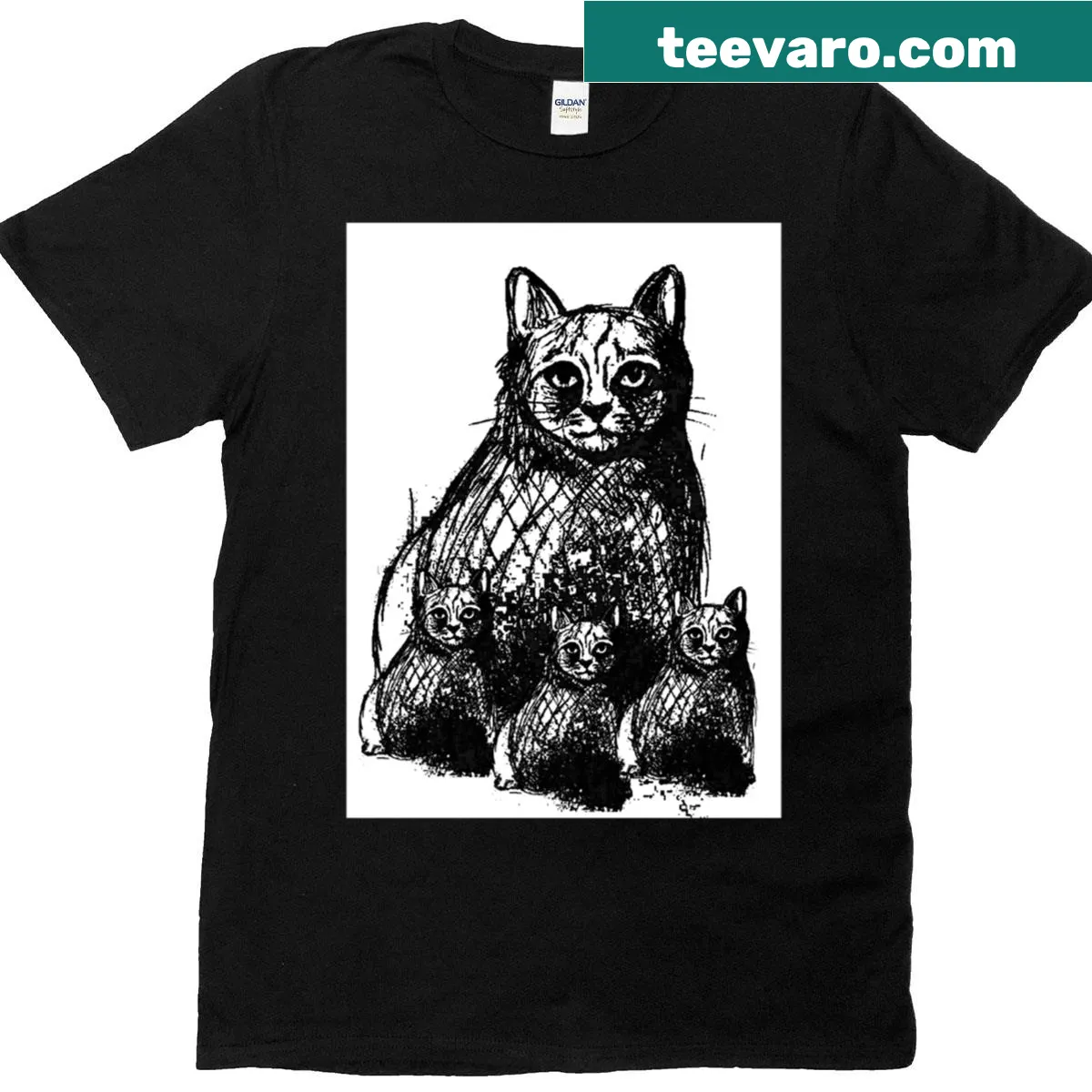 Illustration of a black cat family on a t-shirt — on a men's t-shirt