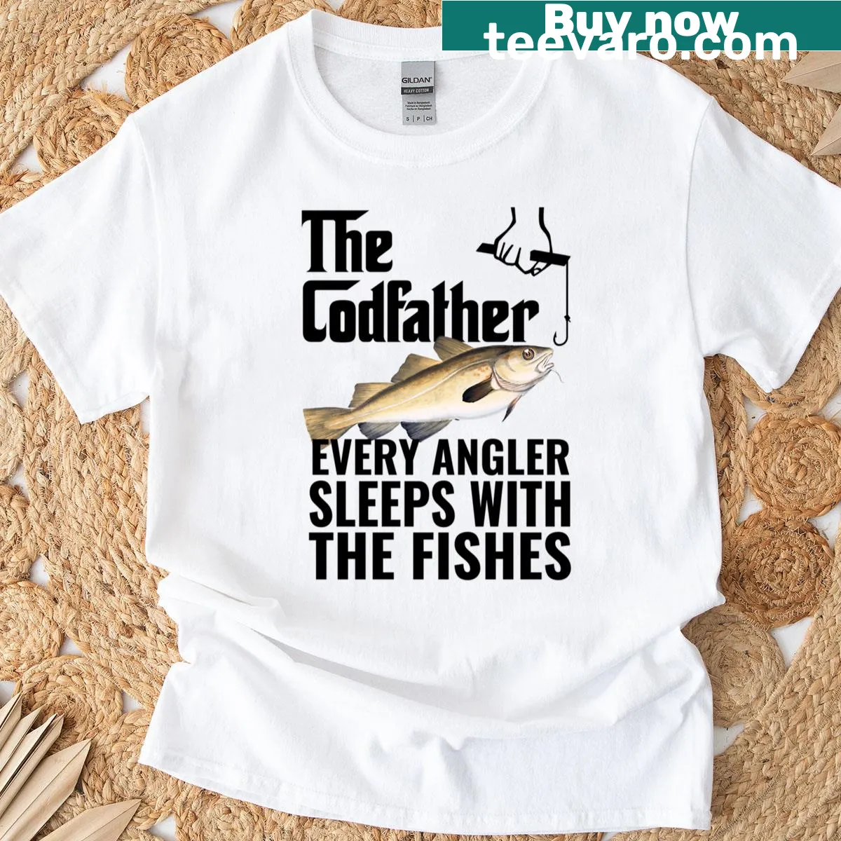 T-shirt featuring a cartoon fish graphic with 'The Codfather' text. — on a men's t-shirt