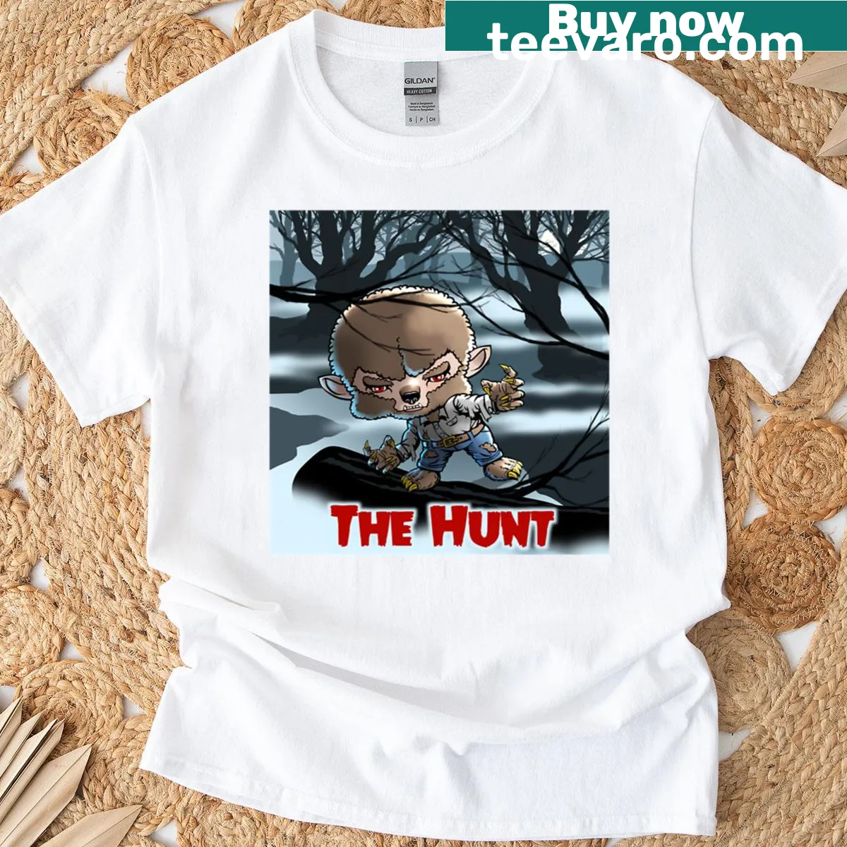 Illustration of a playful hunting scene on a t-shirt — on a men's t-shirt