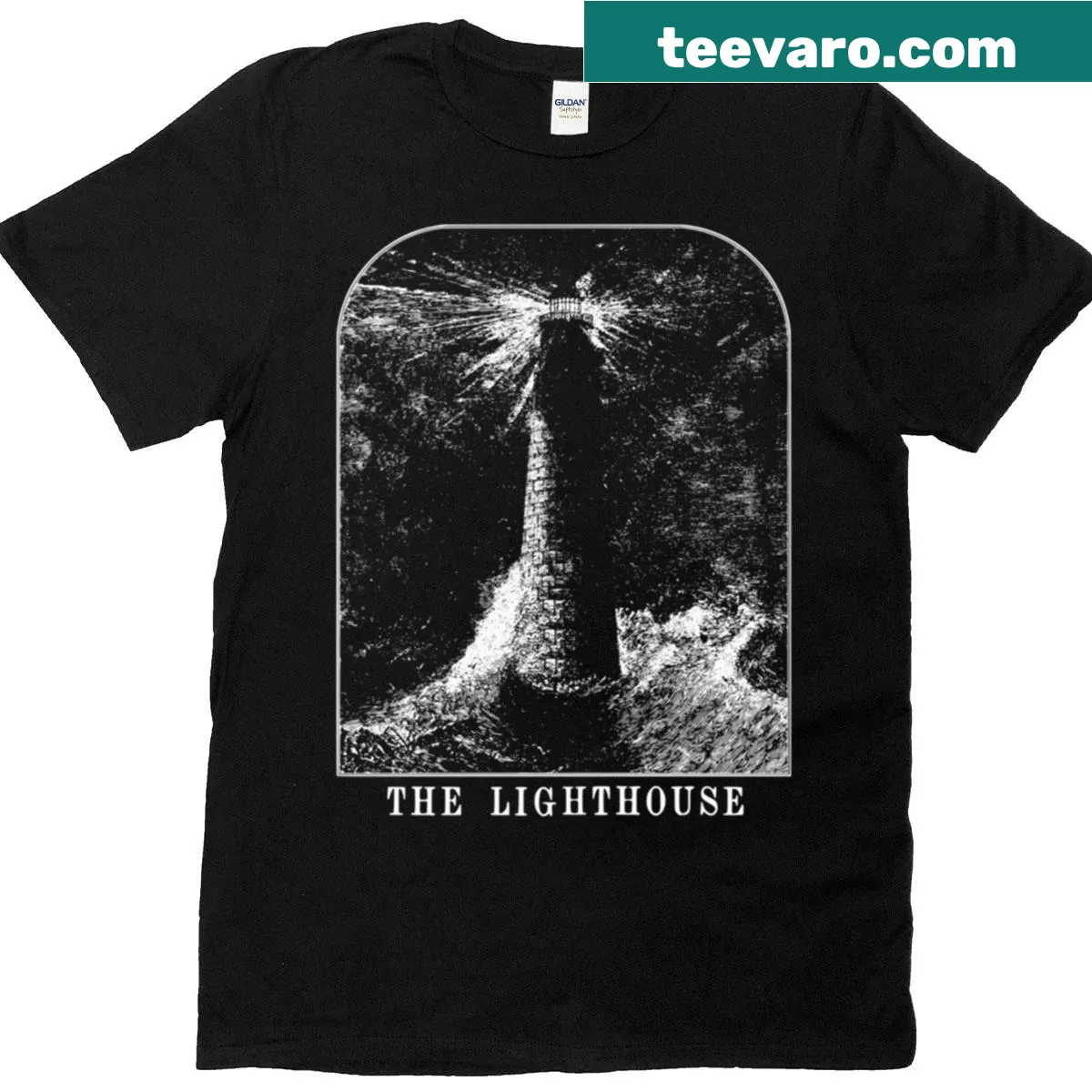 Realistic lighthouse graphic on a coastal-themed t-shirt — on a men's t-shirt