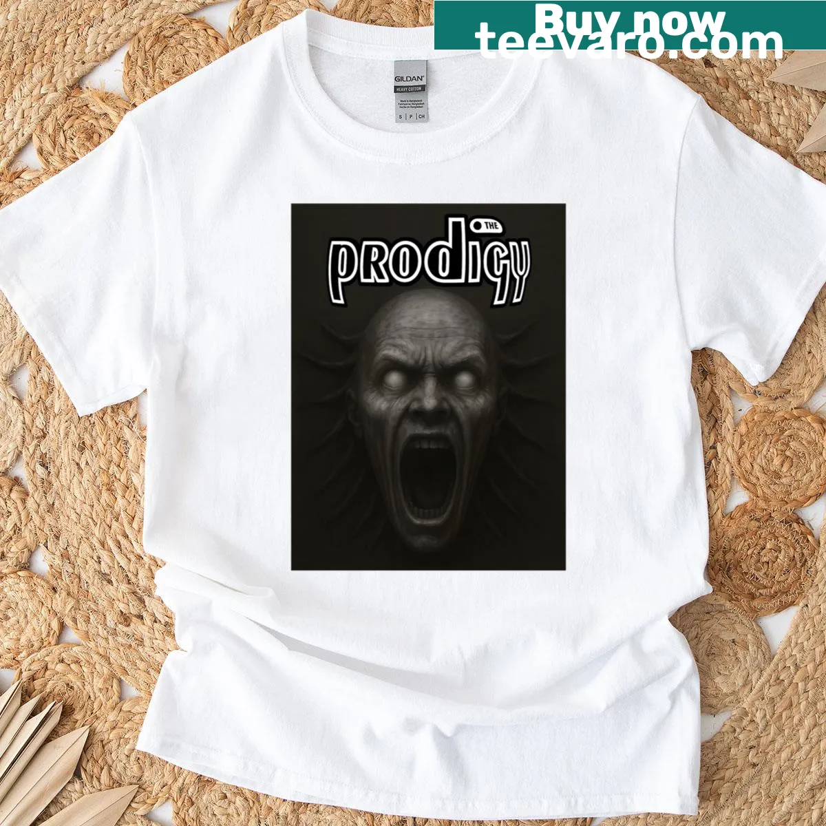 T-shirt featuring the cover art from The Prodigy's 'Music For The Jilted Generation.' — on a men's t-shirt