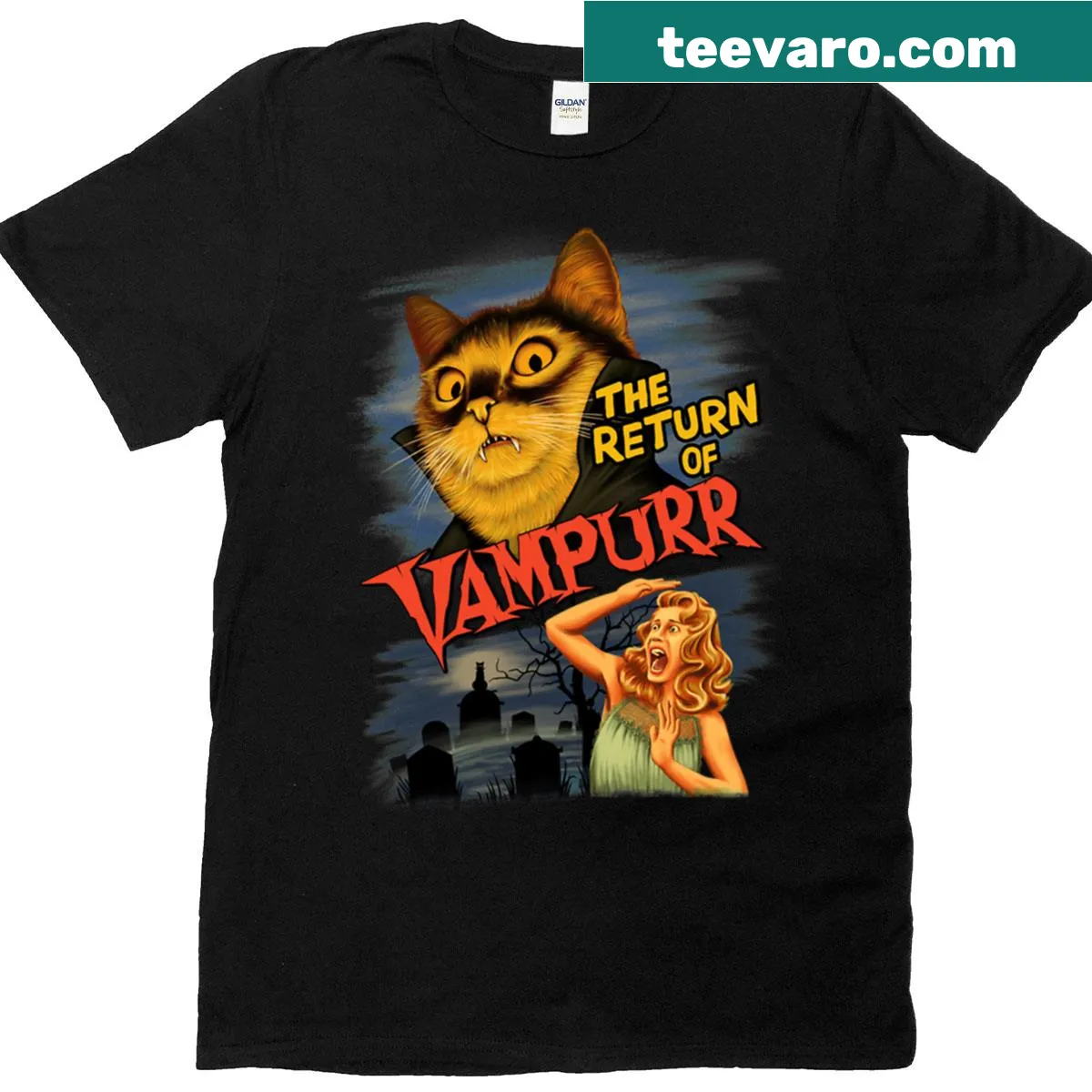 Illustrated t-shirt featuring a vampire cat design — on a men's t-shirt