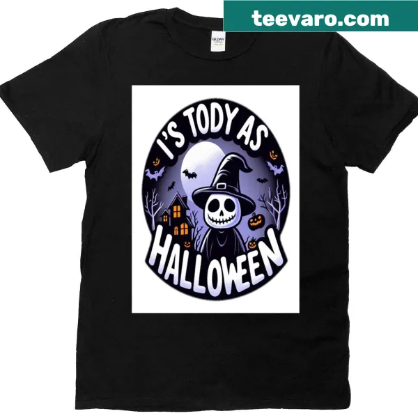 Whimsical illustration of a witch with vampires on an oversized T-shirt.