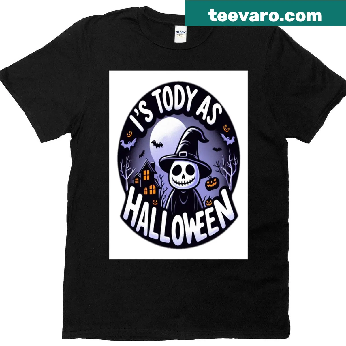 Whimsical illustration of a witch with vampires on an oversized T-shirt. — on a men's t-shirt