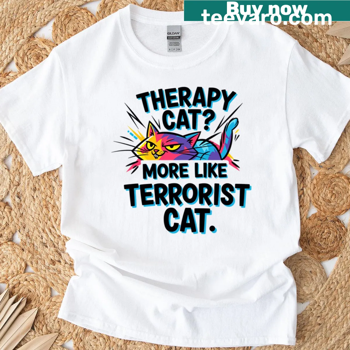 Funny cat-themed t-shirt with the phrase 'Therapy Cat More Like Terrorist Cat' — on a men's t-shirt