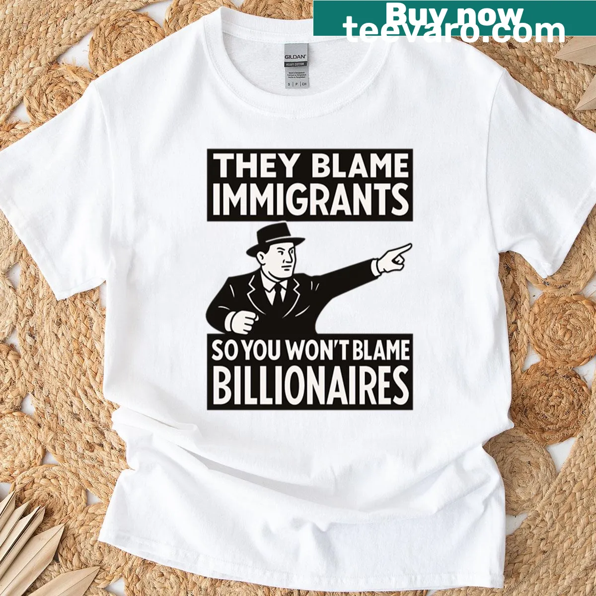 T-shirt featuring the phrase addressing economic issues and societal narratives. — on a men's t-shirt