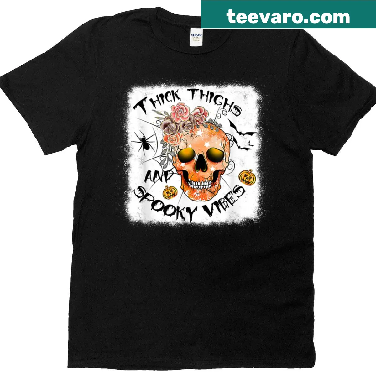 Playful graphic 'Thick Thighs And Spooky Vibes' on a t-shirt — on a men's t-shirt