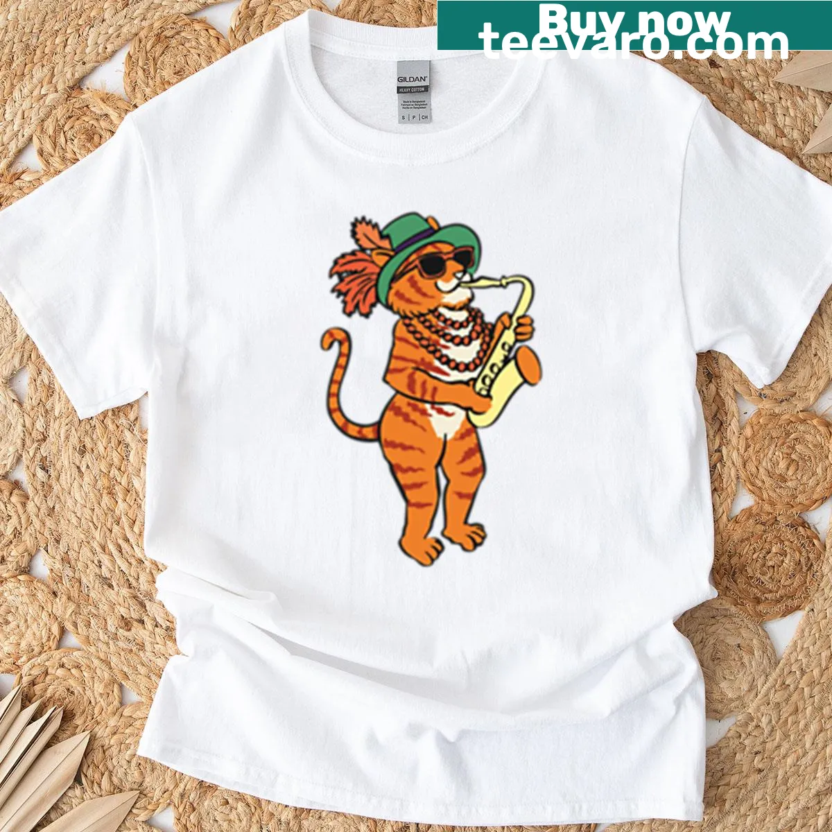 Tiger playing saxophone graphic on a t-shirt — on a men's t-shirt