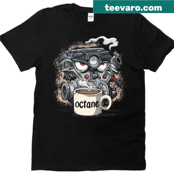 Funny cartoon design of a V8 engine drinking coffee