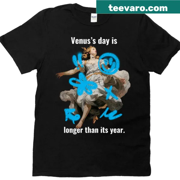Astronomy-themed T-shirt featuring space facts about Venus in bold typography