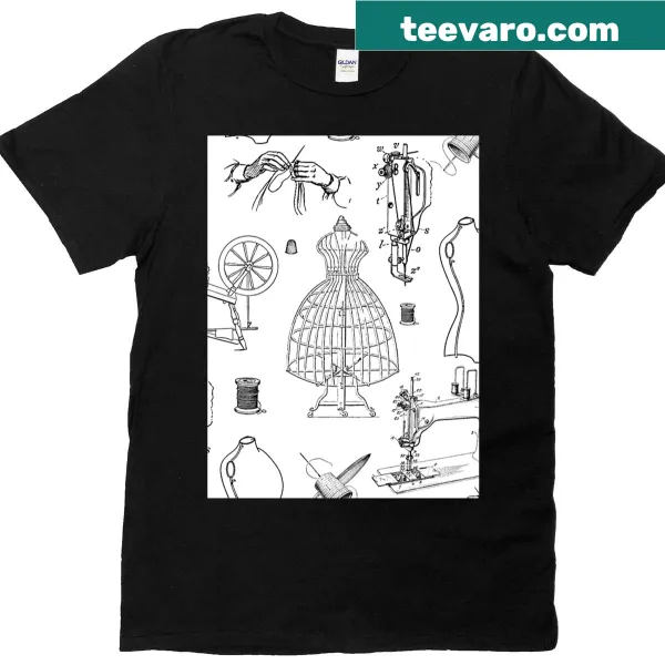 Vintage T-shirt featuring an illustration of an antique sewing machine in black and white