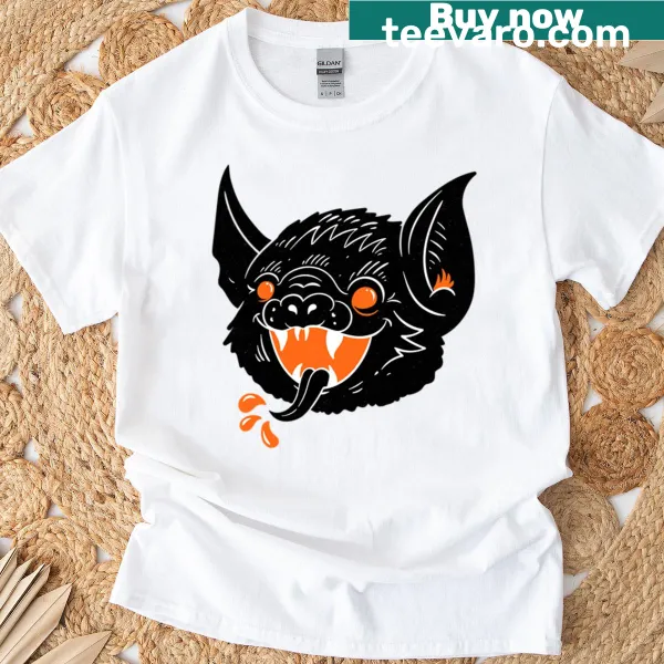 Vintage distressed T-shirt featuring silhouettes of bats for Halloween.
