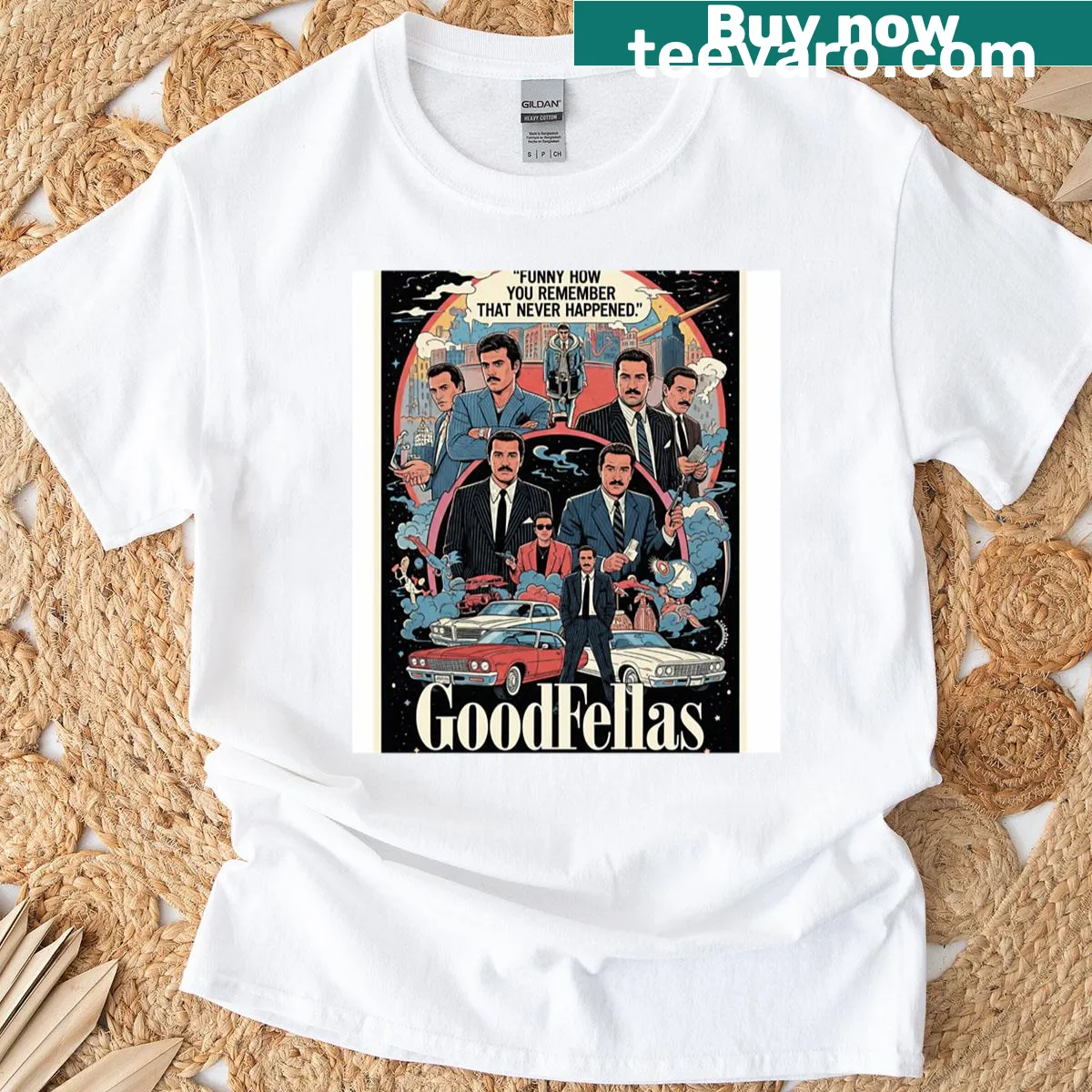 Vintage distressed T-shirt inspired by the film Goodfellas. — on a men's t-shirt