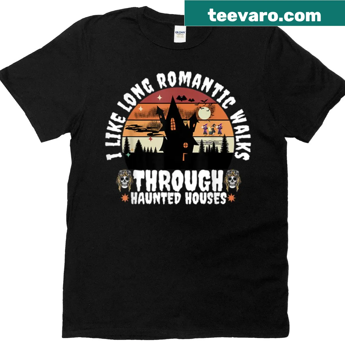 Oversized T-shirt with playful text about romantic walks through haunted houses — on a men's t-shirt