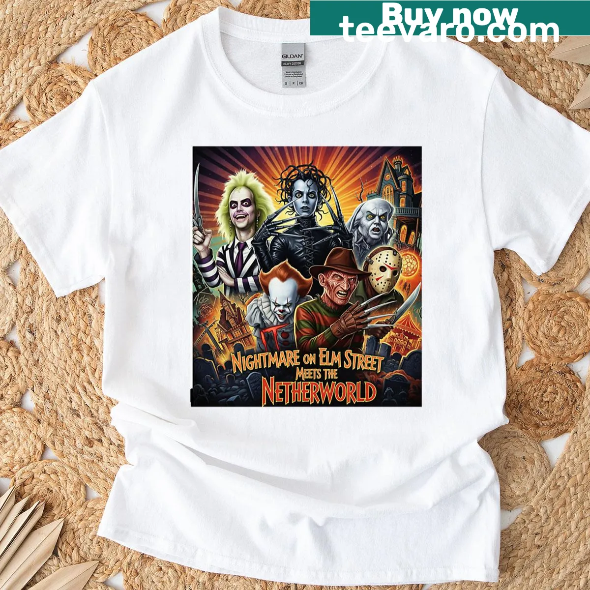 Vintage distressed Halloween T-shirt with a nightmare-themed design. — on a men's t-shirt