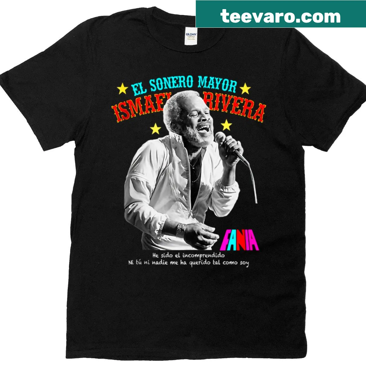 Tribute design for Ismael Rivera on a music-themed T-shirt. — on a men's t-shirt