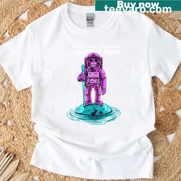 Typography T-shirt celebrating Voyager 1 and space exploration facts.