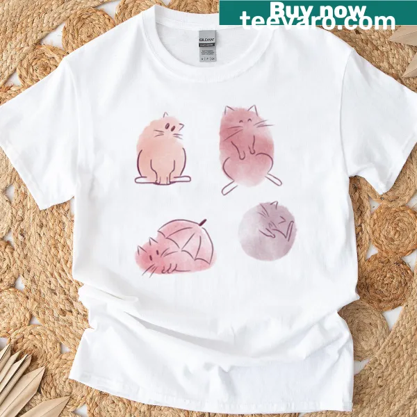 Watercolor T-shirt featuring four adorable cat portraits.