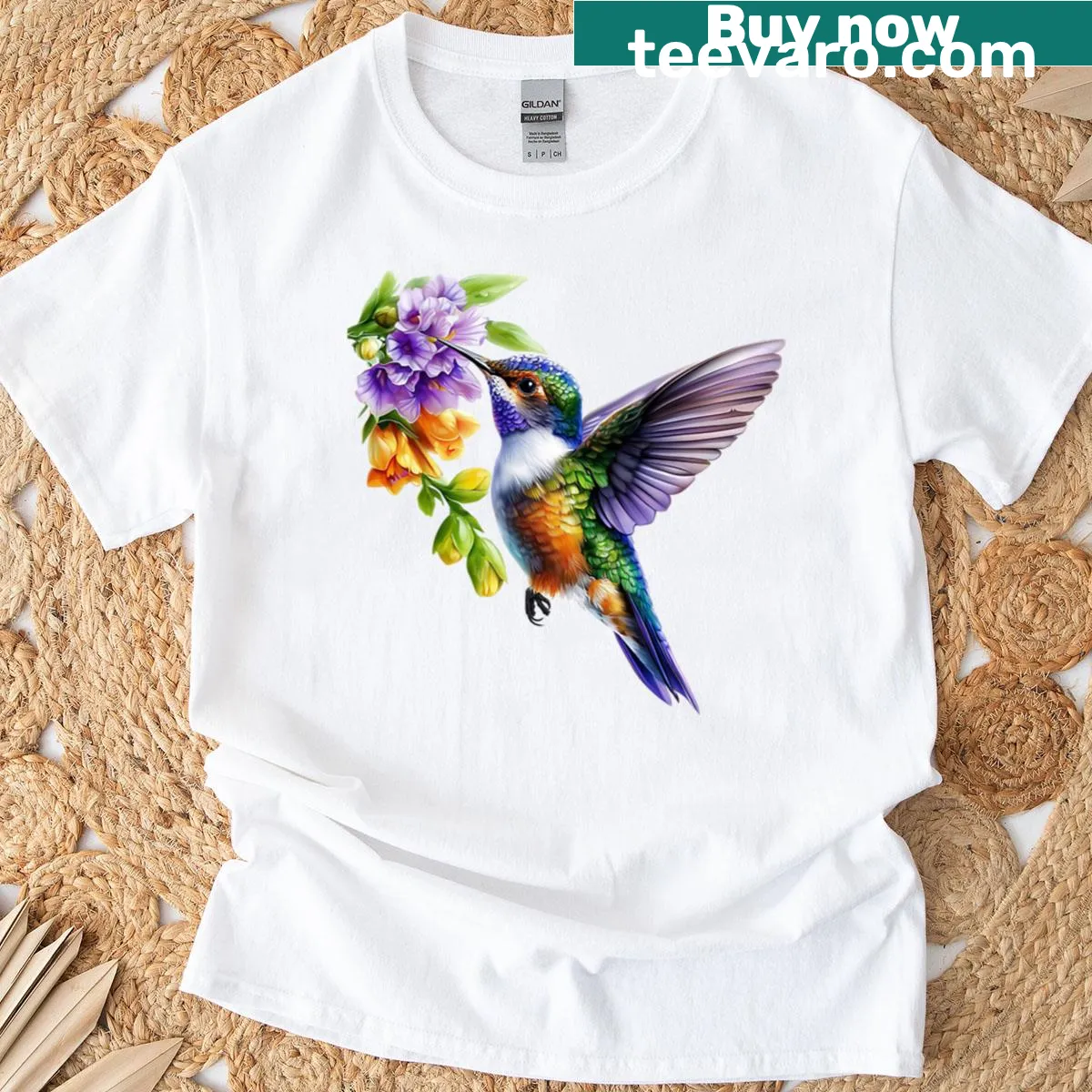 Watercolor illustration of a hummingbird on a T-shirt — on a men's t-shirt
