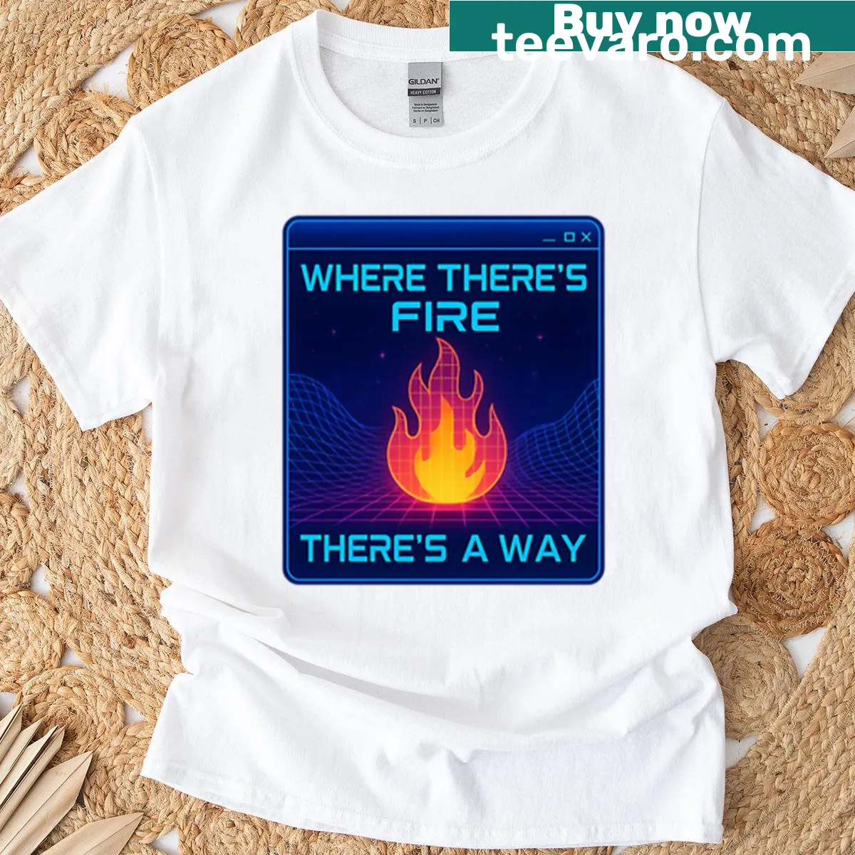 Futuristic Y2K graphic tee with flamewave design for gamers — on a men's t-shirt