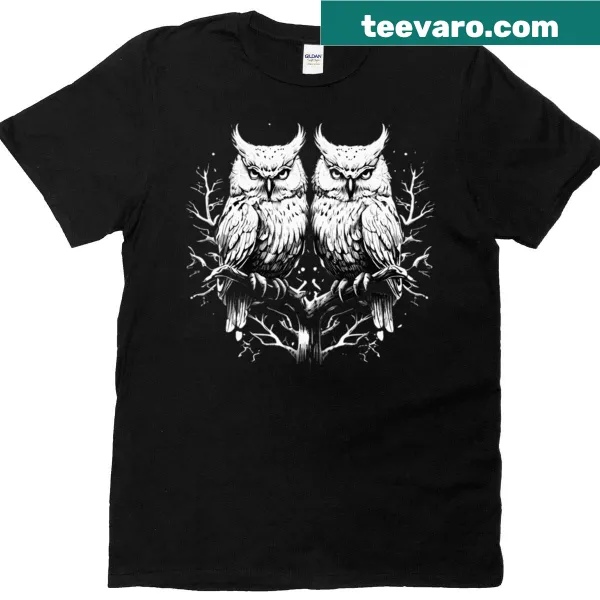 Charming illustration of white owls on a nature-inspired T-shirt