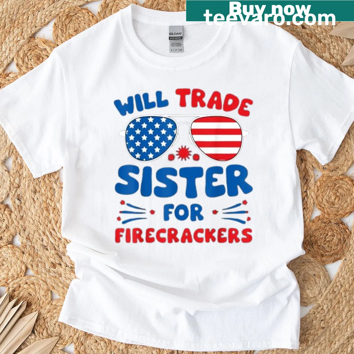 Funny 4th of July t-shirt with 'Will Trade Sister For Firecrackers' text — on a men's t-shirt