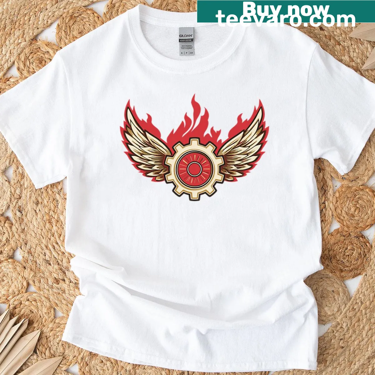 Graphic t-shirt with a winged gear and flame emblem — on a men's t-shirt