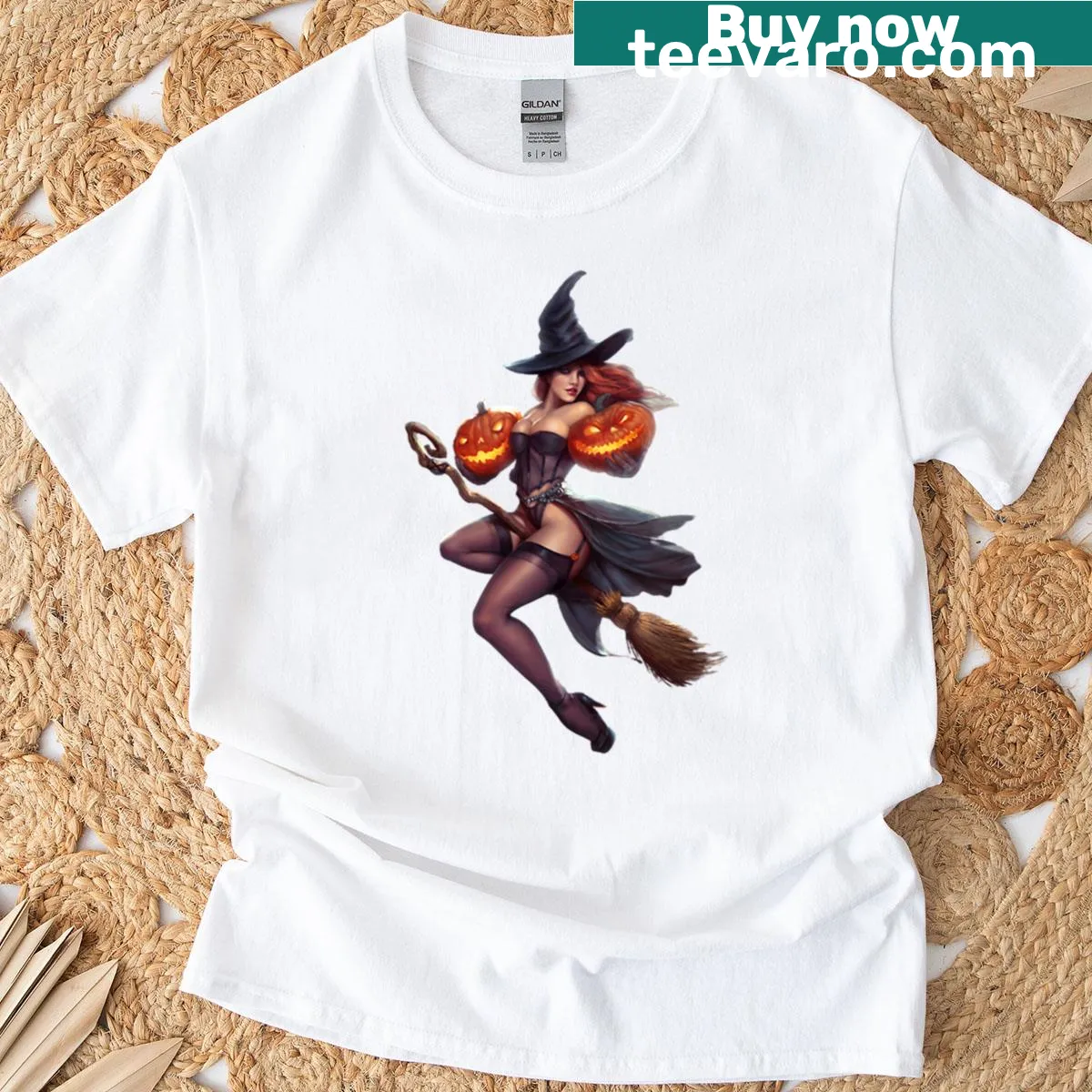 Cartoon design of a witch flying on a broomstick T-shirt — on a men's t-shirt