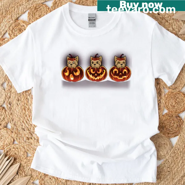 Funny Halloween t-shirt featuring Yorkies in costumes